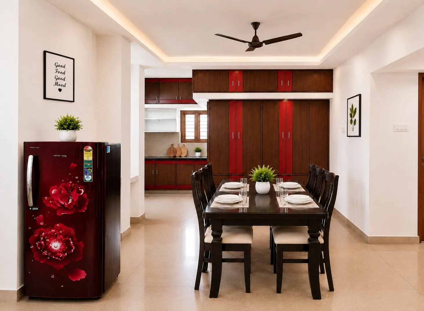 Dining area in a 3 BHK apartment at SLS Homestay