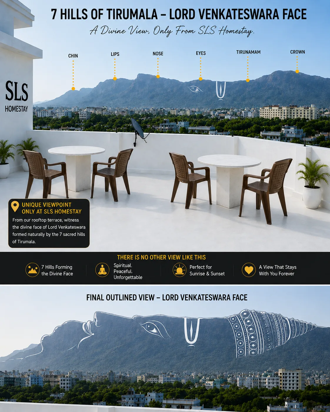 Rooftop terrace with a view of the Tirumala hills from SLS Homestay